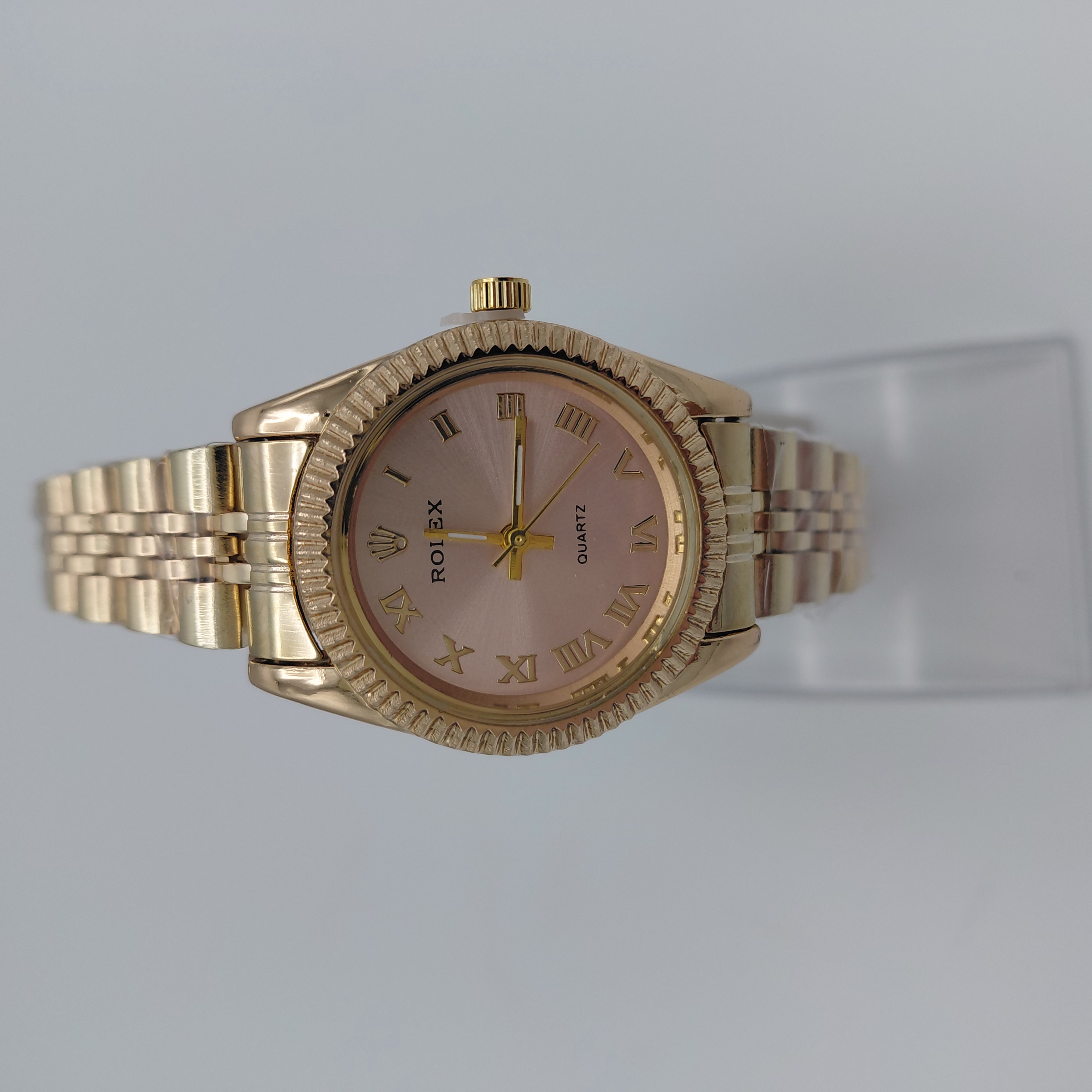 ساعت مچی زنانه رولکس (Rolex) رزگلد با صفحه صورتی | بند استیل رزگلد | کوارتز | شب‌نما